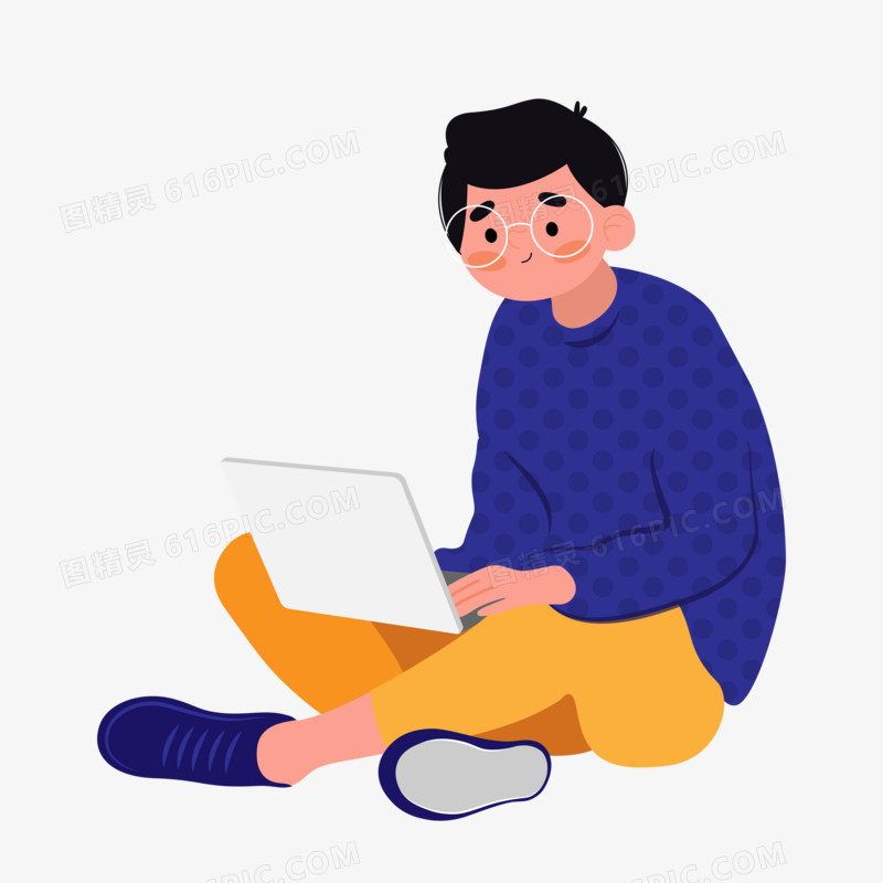 卡通手绘男生坐着看电脑免抠元素
