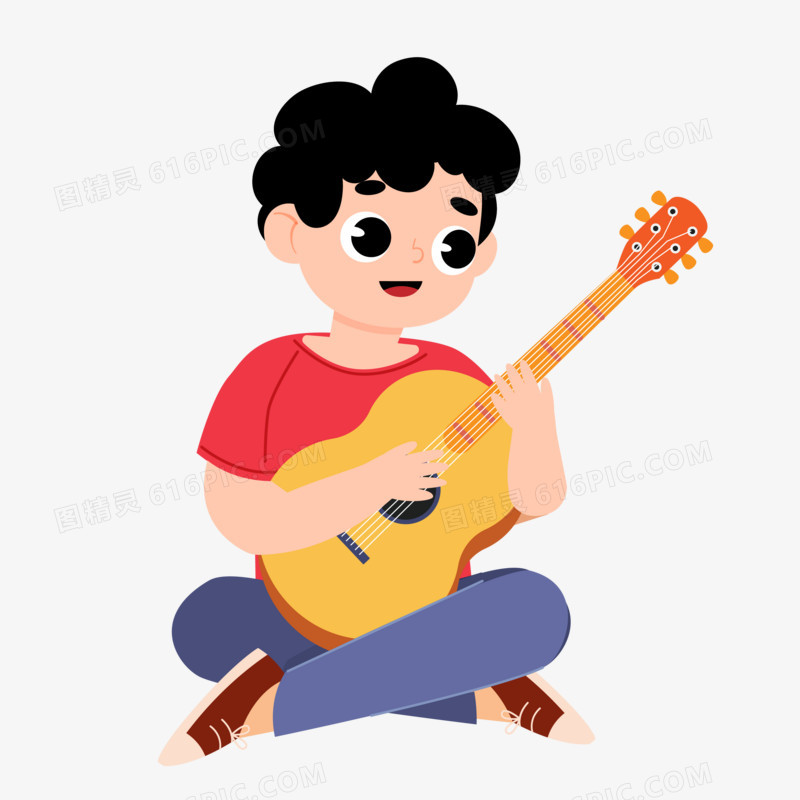卡通手绘小男孩弹吉他免抠元素
