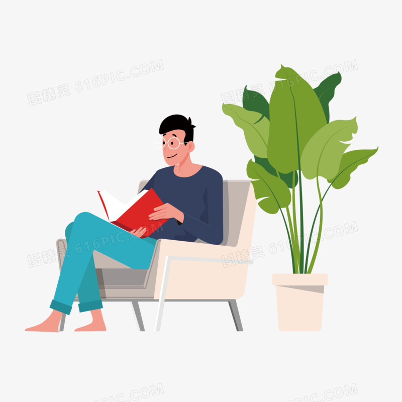 卡通手绘男生坐在沙发上看书免抠元素