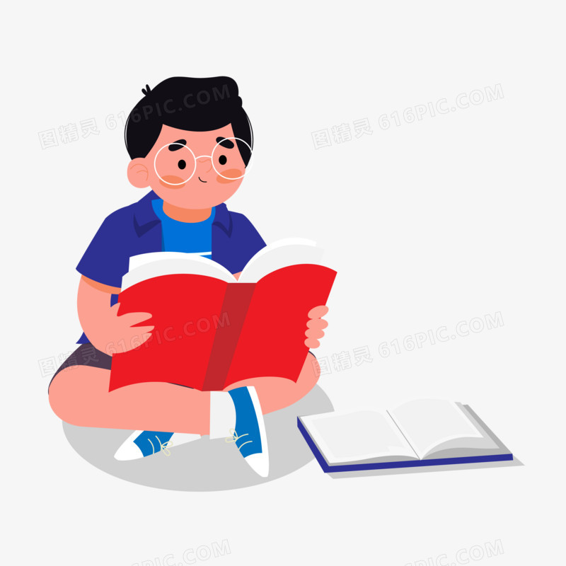 卡通手绘男孩坐着阅读书籍元素