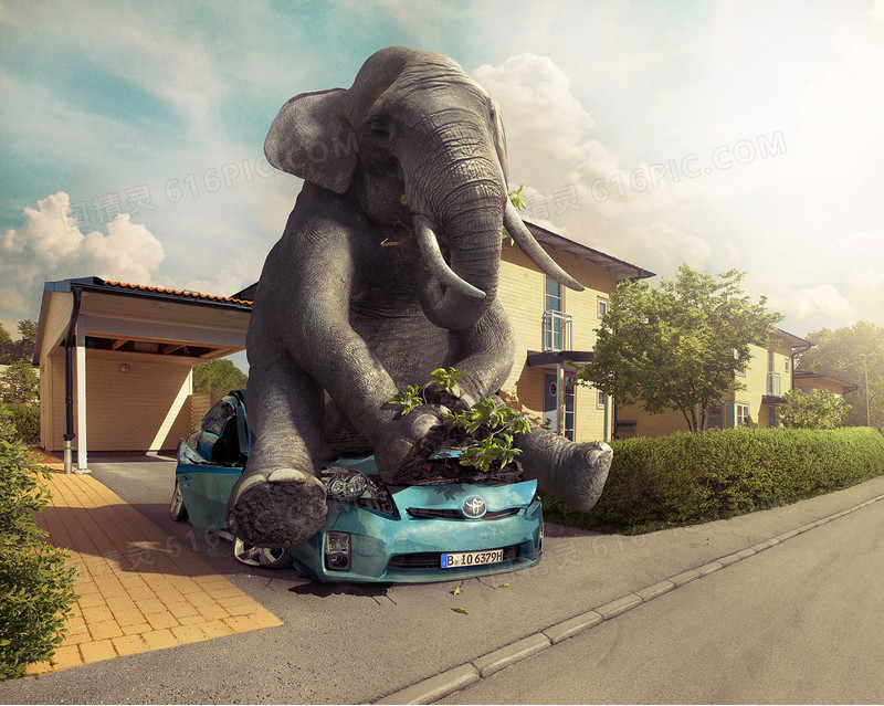 创意元素合成效果大象压住汽车房子