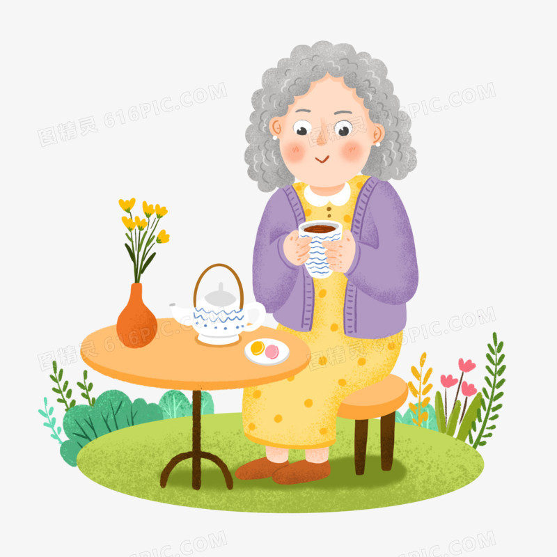 手绘卡通坐着喝茶的老奶奶插画元素