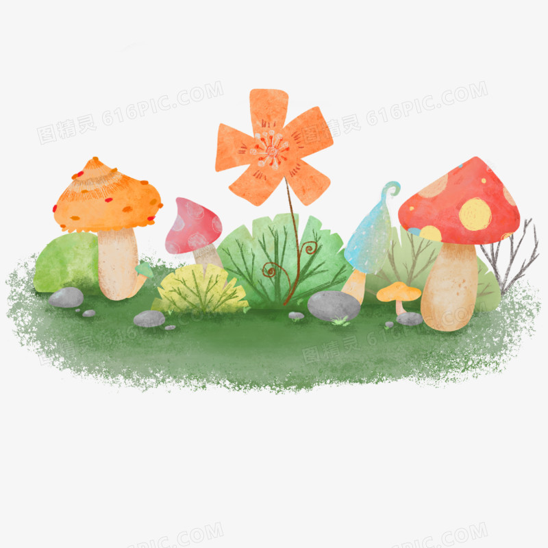 手绘卡通春天蘑菇植物元素