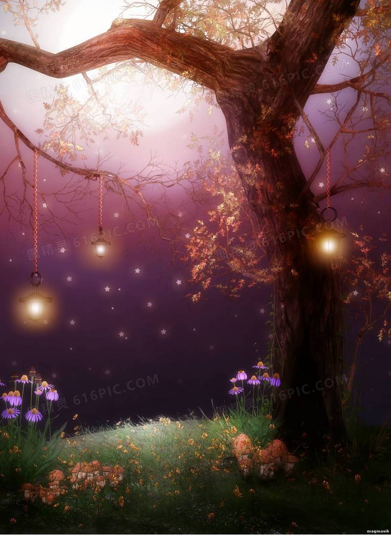 月下大树上的灯梦幻海报背景
