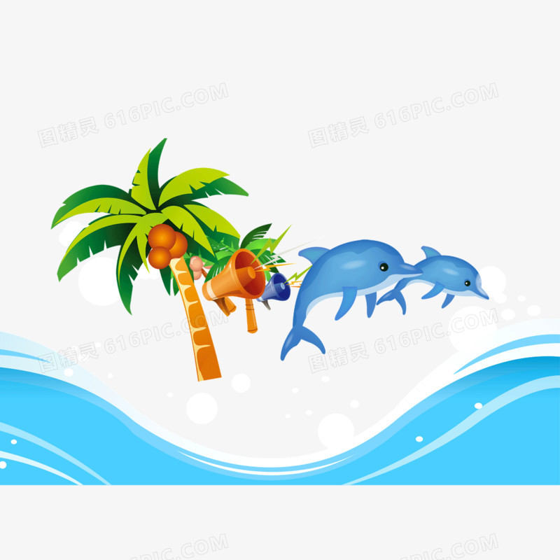 背景装饰图案 蓝色海水 海豚 椰子树