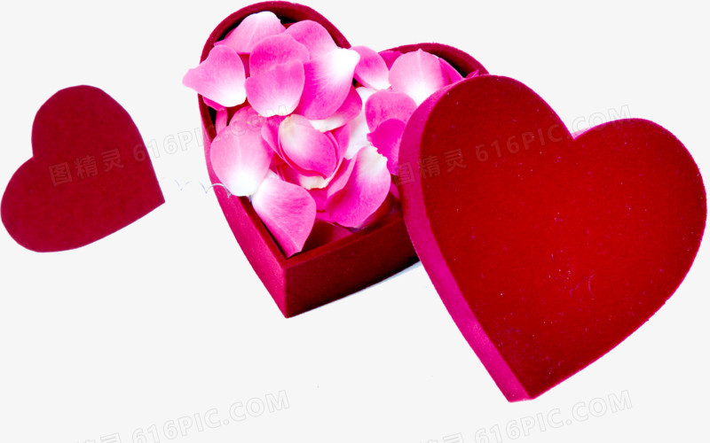 红色心形盒粉色玫瑰花瓣