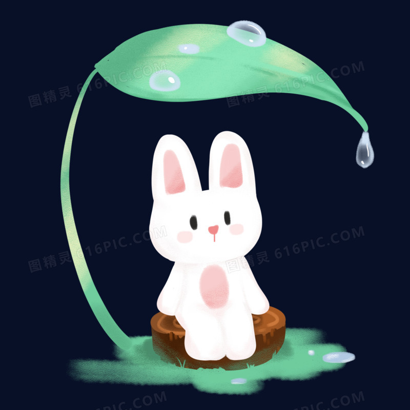 卡通手绘兔子在树叶下避雨免抠素材