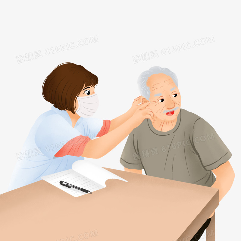 卡通手绘医生检查老人耳朵免抠元素