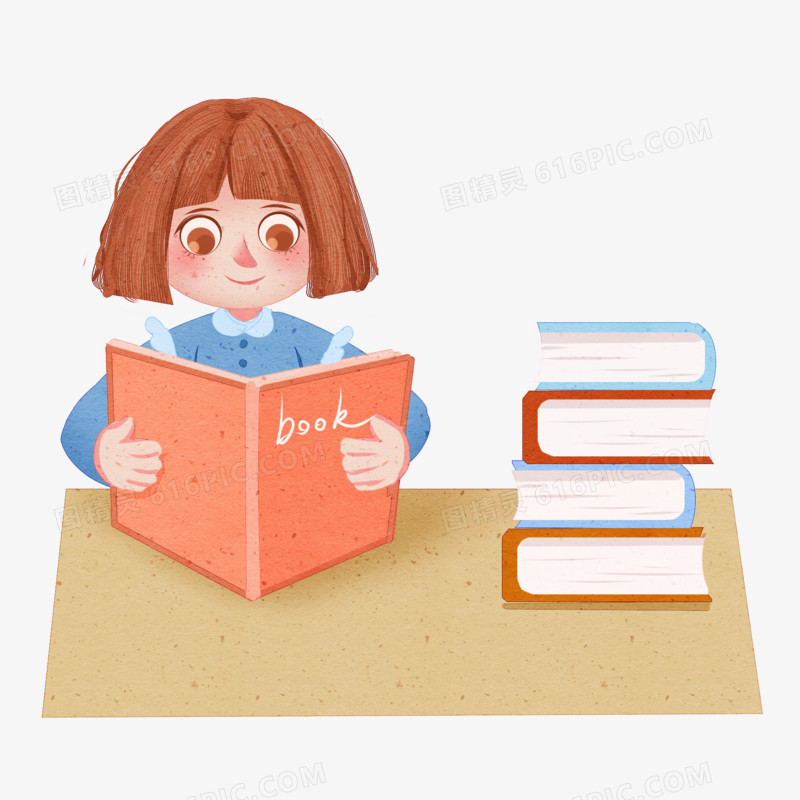 看书书本书籍书学习免抠元素图精灵为您提供卡通手绘小女孩读书素材