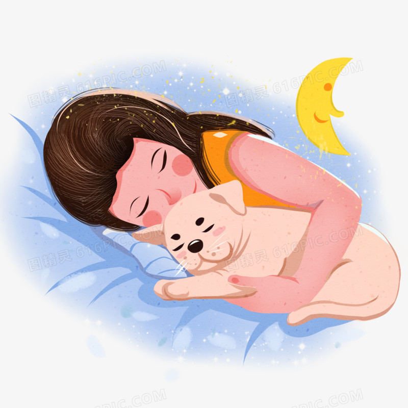 卡通手绘女孩和小狗入睡免抠元素