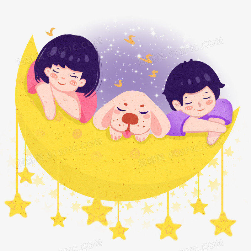 卡通手绘女孩和小狗在月亮上睡着了免抠元素