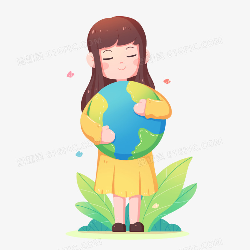 卡通手绘女孩拥抱地球免抠元素