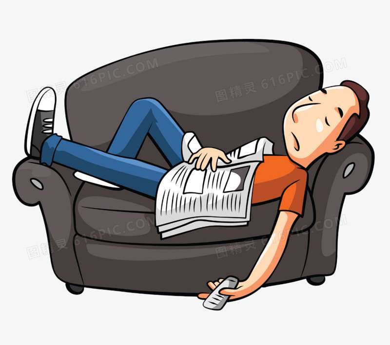 男人手绘卡通沙发熬夜睡觉睡着看报纸的男人图精灵为您提供躺着睡着的