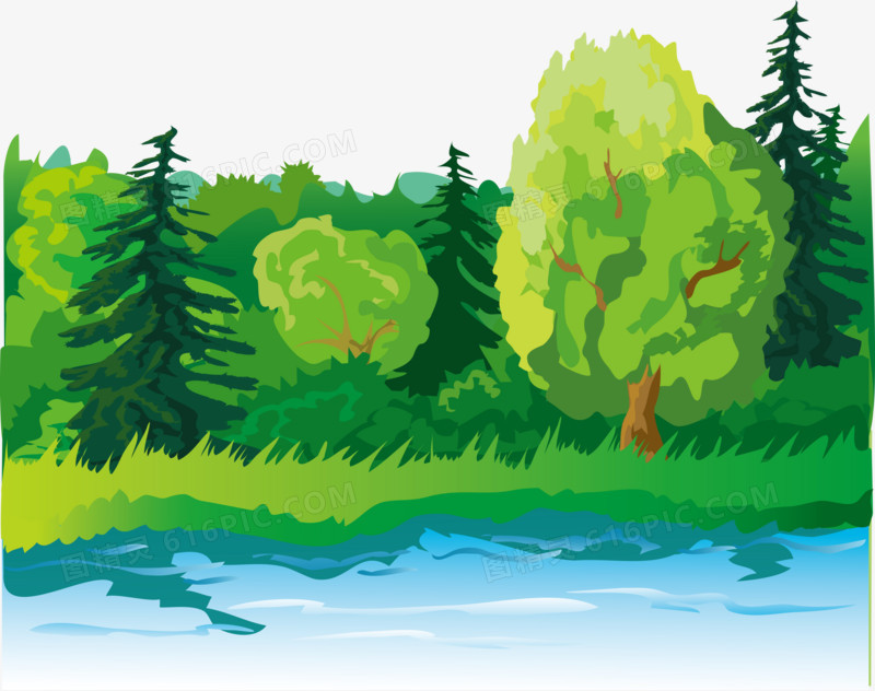 卡通绿树湖水