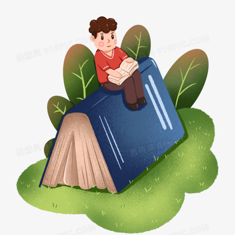 卡通手绘男孩坐在书本上看书免抠元素