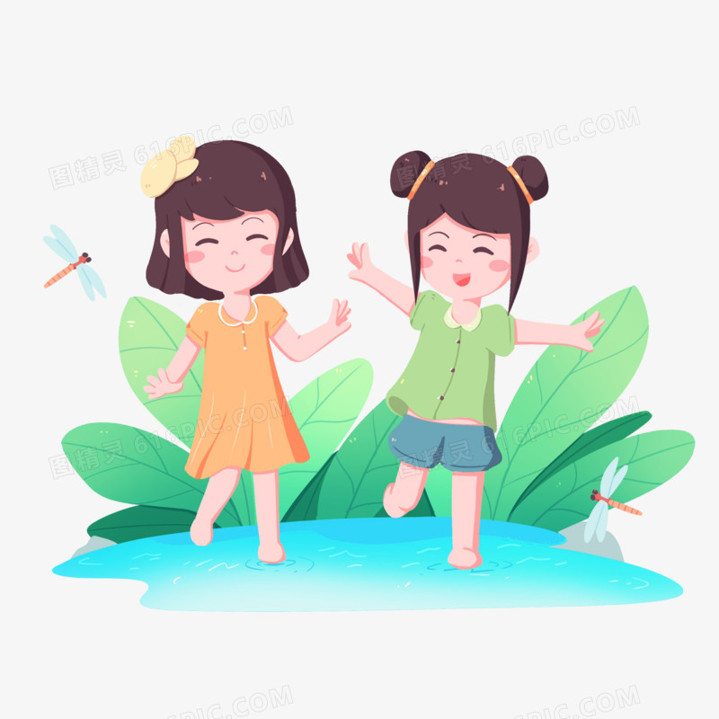卡通手绘夏天女孩踩水塘玩耍元素