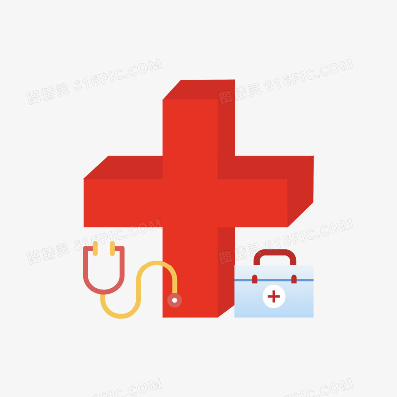 立体红十字听诊器医药箱免抠素材