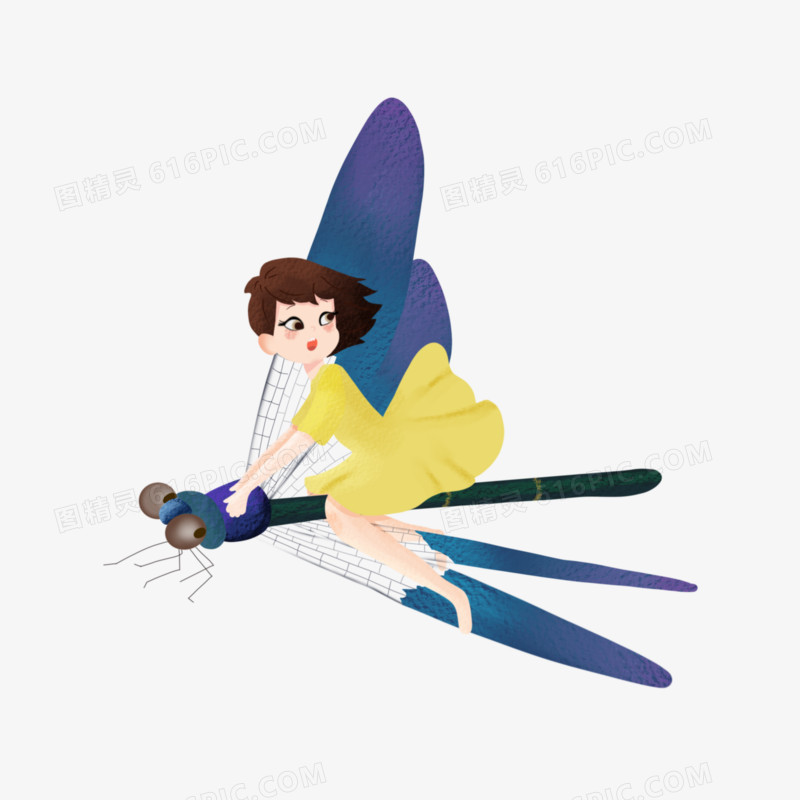 创意卡通手绘女孩骑着蜻蜓免抠元素