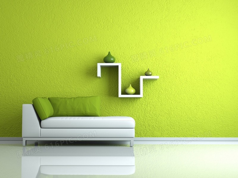 绿色的壁纸及白色简洁的沙发