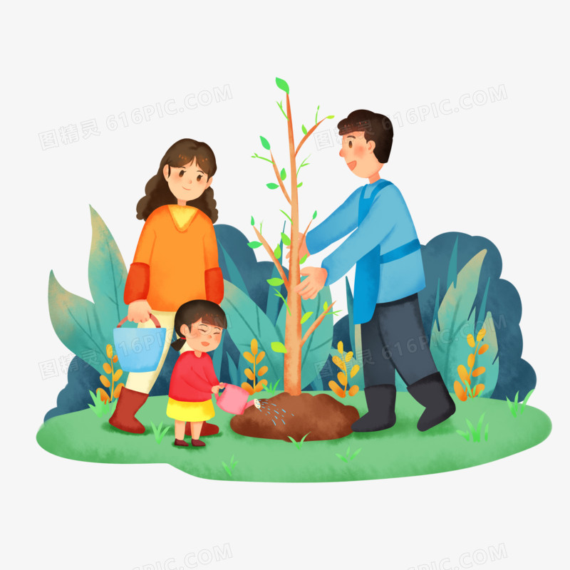 手绘卡通全家人一起种树场景免抠素材
