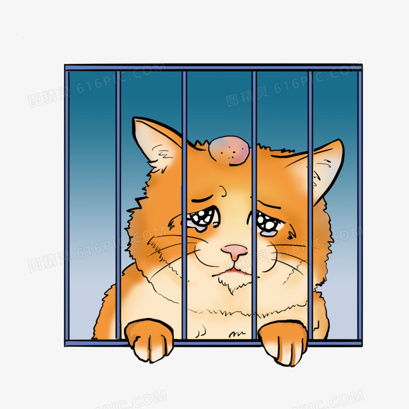 卡通手绘被关在笼子里的猫咪免抠元素