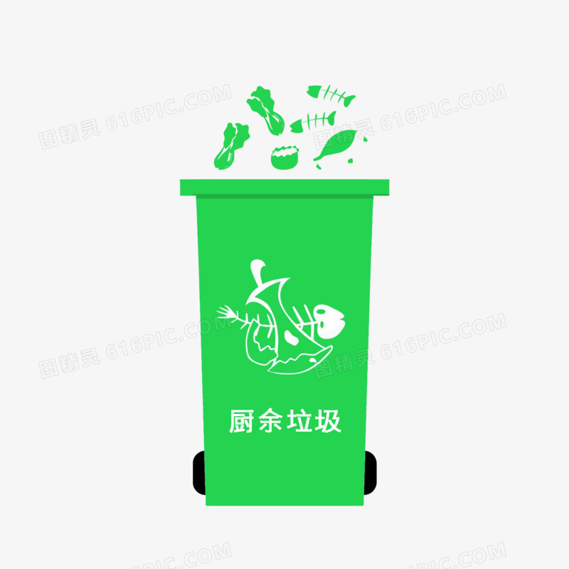 卡通手绘绿色标识厨余垃圾分类垃圾桶元素