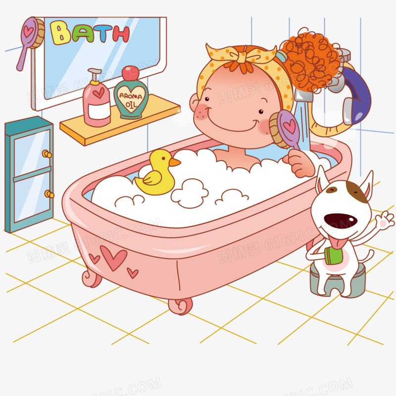卡通儿童洗澡素材矢量