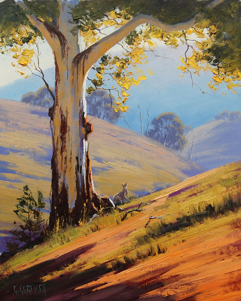卡通山坡上的大树秋天海报背景油画