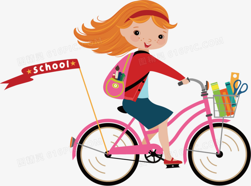 骑自行车上学的小女孩