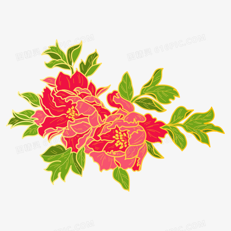 国潮风红牡丹手绘描边花朵植物装饰元素