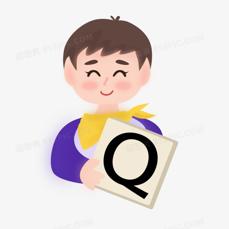 卡通手绘男孩手举Q问题牌子元素