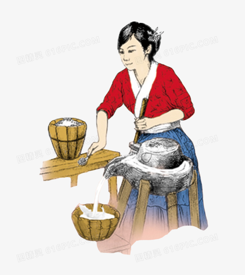 手绘古典磨豆浆的女人