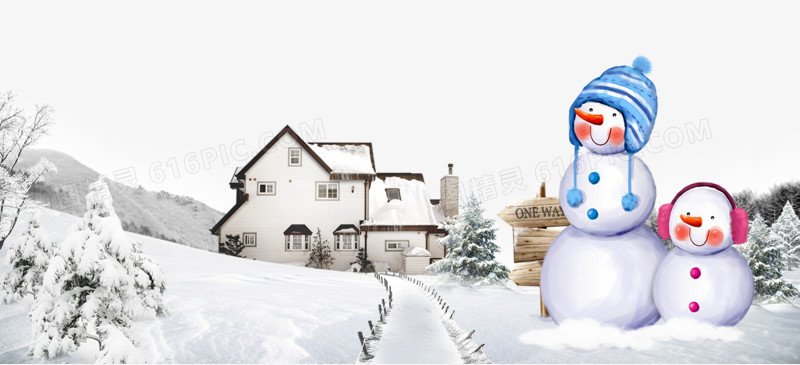 雪人雪景房子