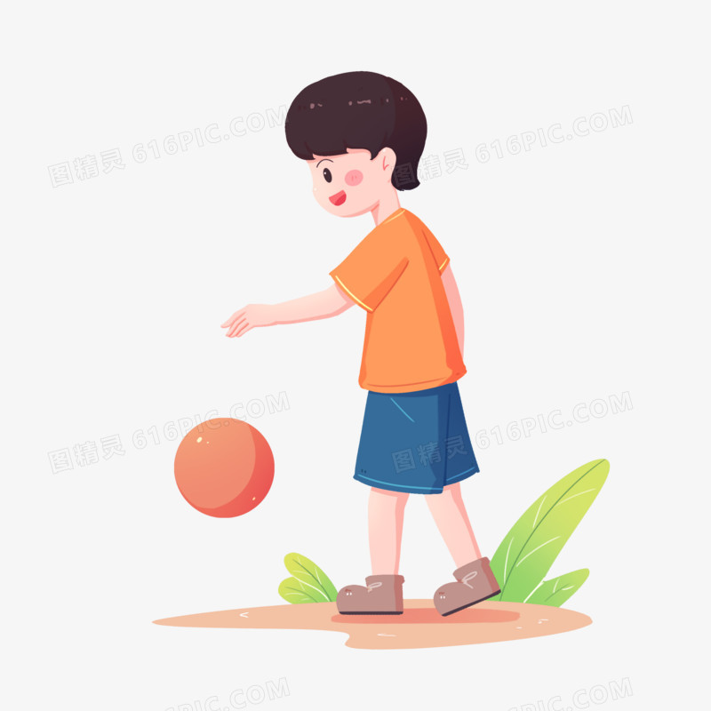 手绘拍球的小男孩插画元素