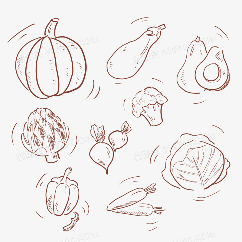 卡通线描手绘水果蔬菜线稿装饰元素