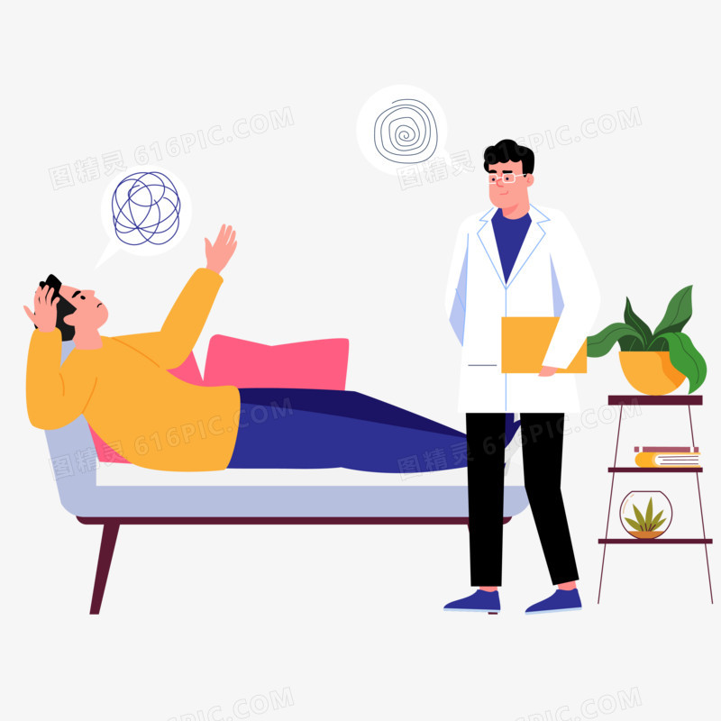 手绘医生疏导抑郁患者插画元素