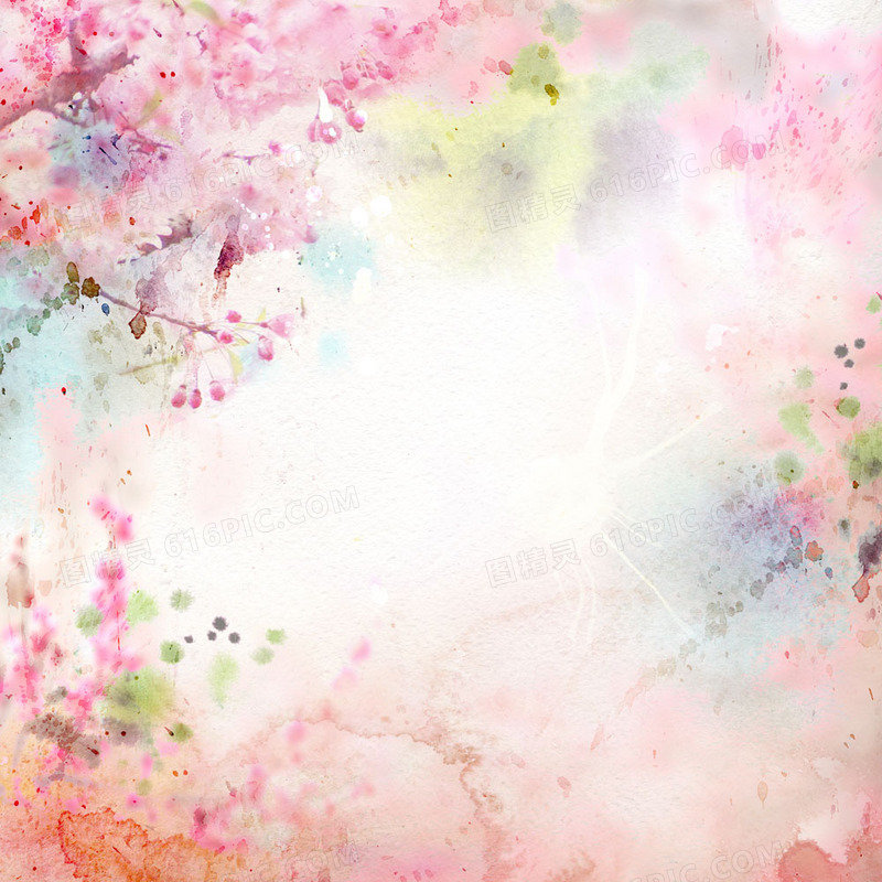 水彩画粉色花树海报背景