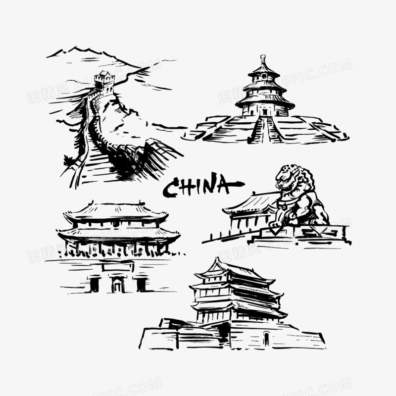 水墨字体中国古代建筑素描古代建筑水墨晕染古代建筑房子水墨背景p