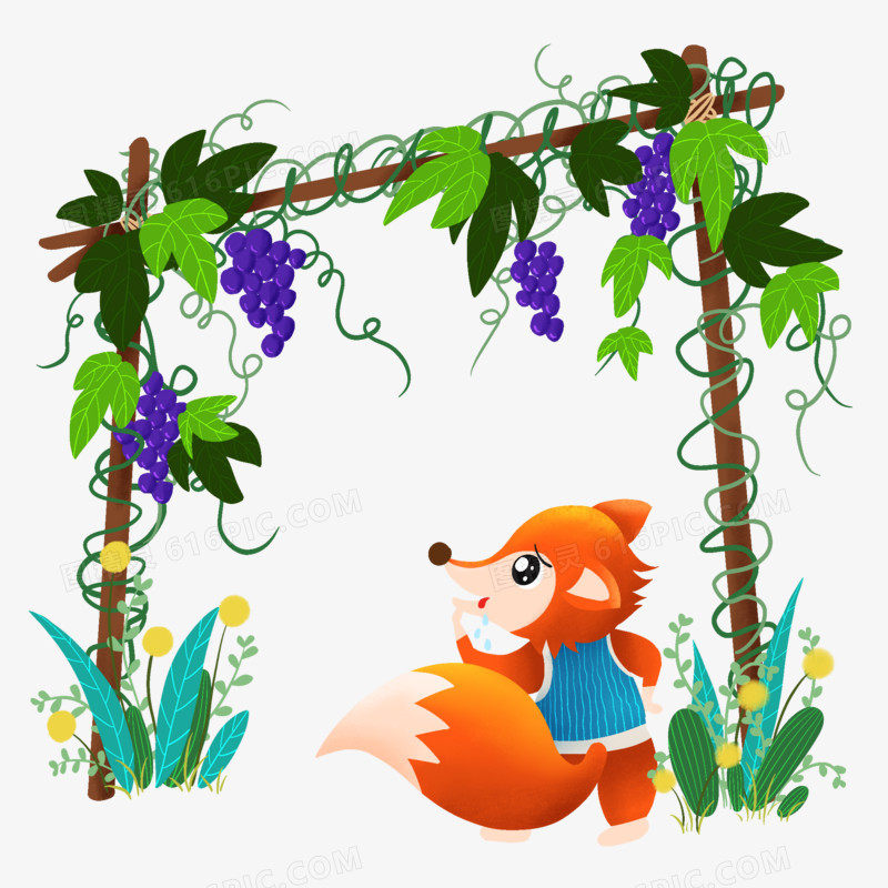 卡通手绘狐狸和葡萄寓言故事元素