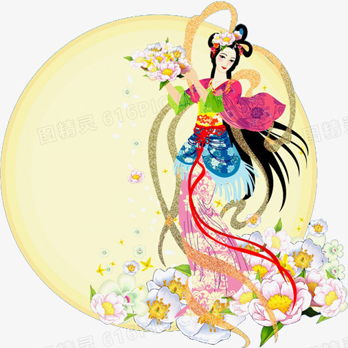 中秋节月亮美女花朵