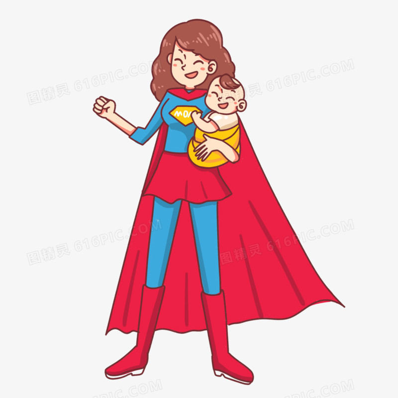 手绘卡通超人妈妈和孩子素材