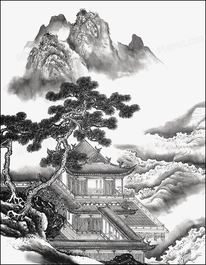 崇山越岭水墨画