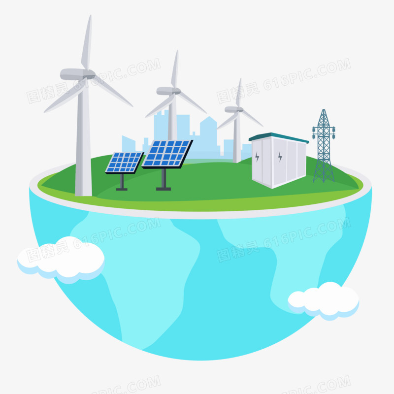 卡通手绘创意环保地球风力发电矢量素材