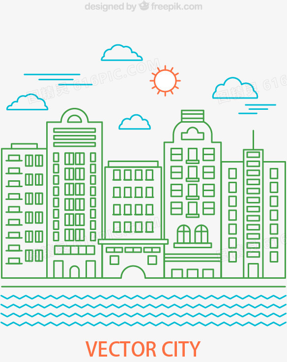 河边的城市建筑矢量素材,