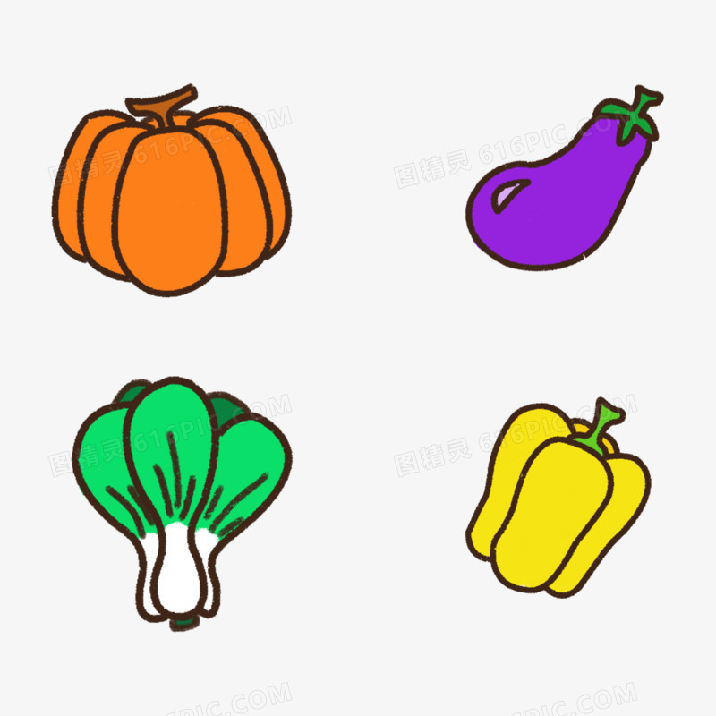 一组手绘简笔画彩色蔬菜元素
