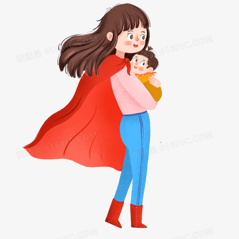 卡通手绘超人妈妈抱着孩子免抠素材