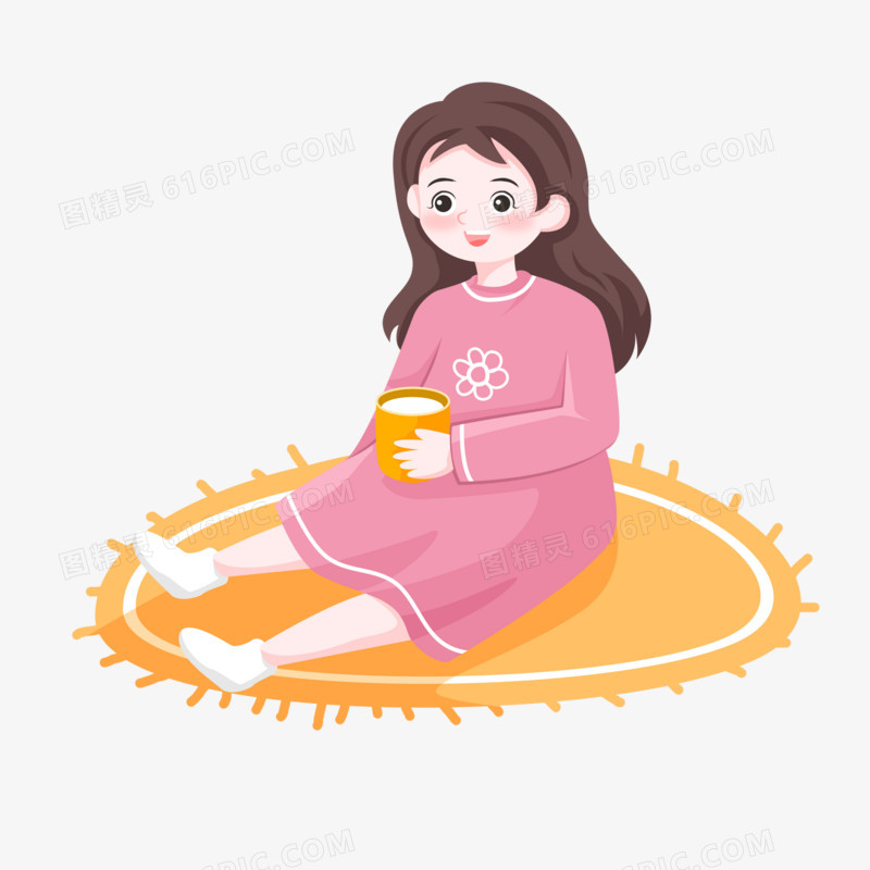 手绘卡通坐在地上喝水的女孩子免抠素材