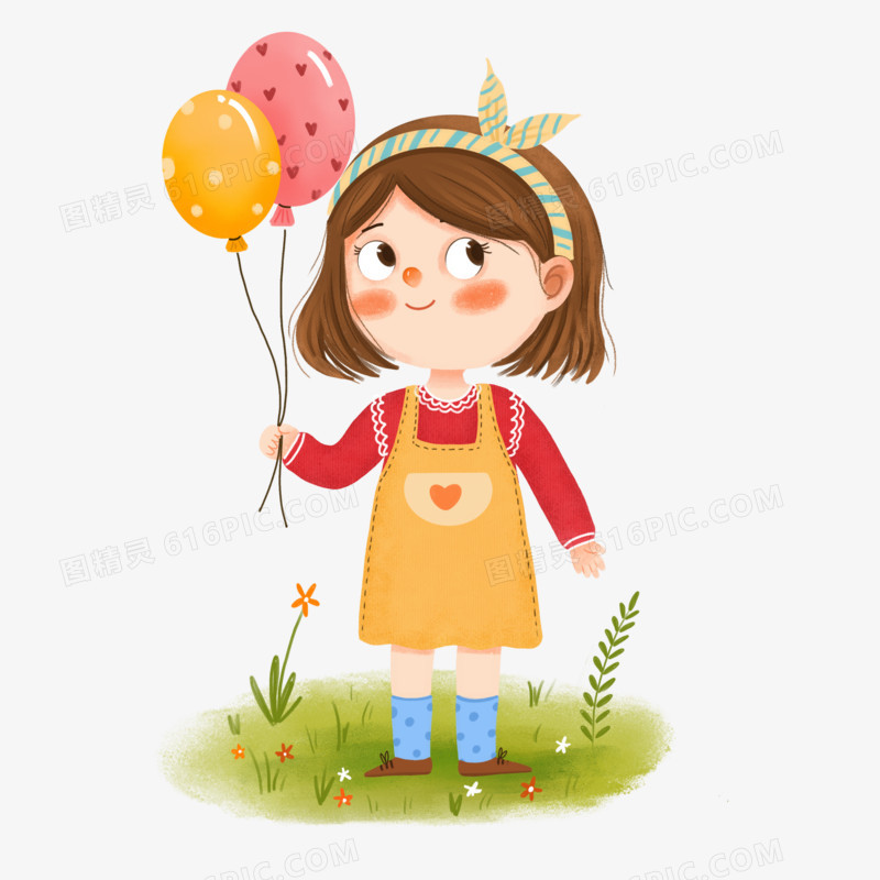 手绘卡通拿着气球的女孩免抠元素