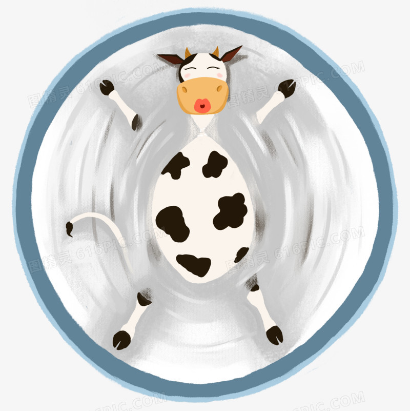 卡通手绘躺在牛奶杯里的奶牛免抠素材