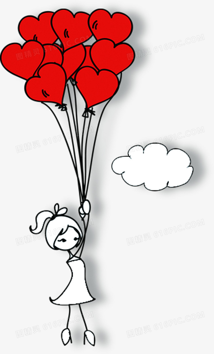 红色手绘红色爱心气球白云